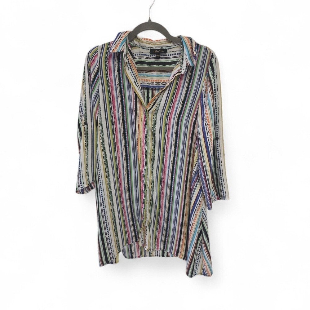 Melissa Paige Women Multi Color Striped Button‎ Down Tunic 3/4 Roll Tab Sleeve S